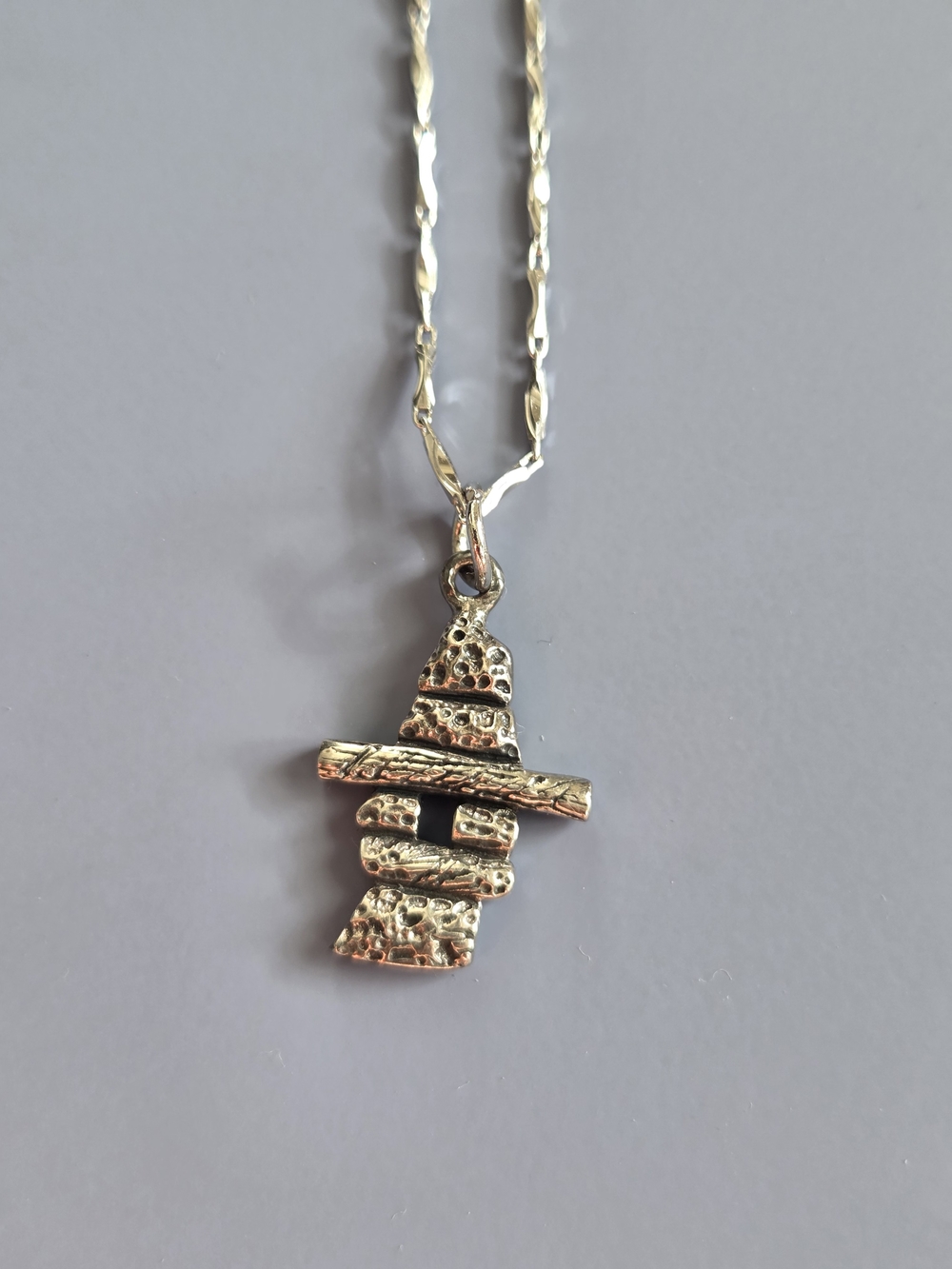 Sterling Silver Textured Inukshuk Pendant Necklace - Silver